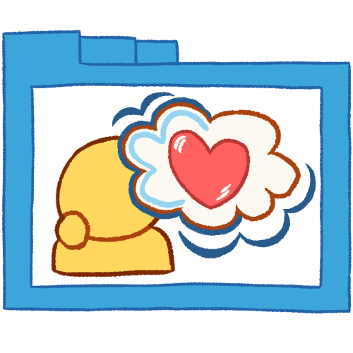 A hollow blue folder with thin lineart containing a person with their hand on their chin and a thought bubble containing a heart right next to them.